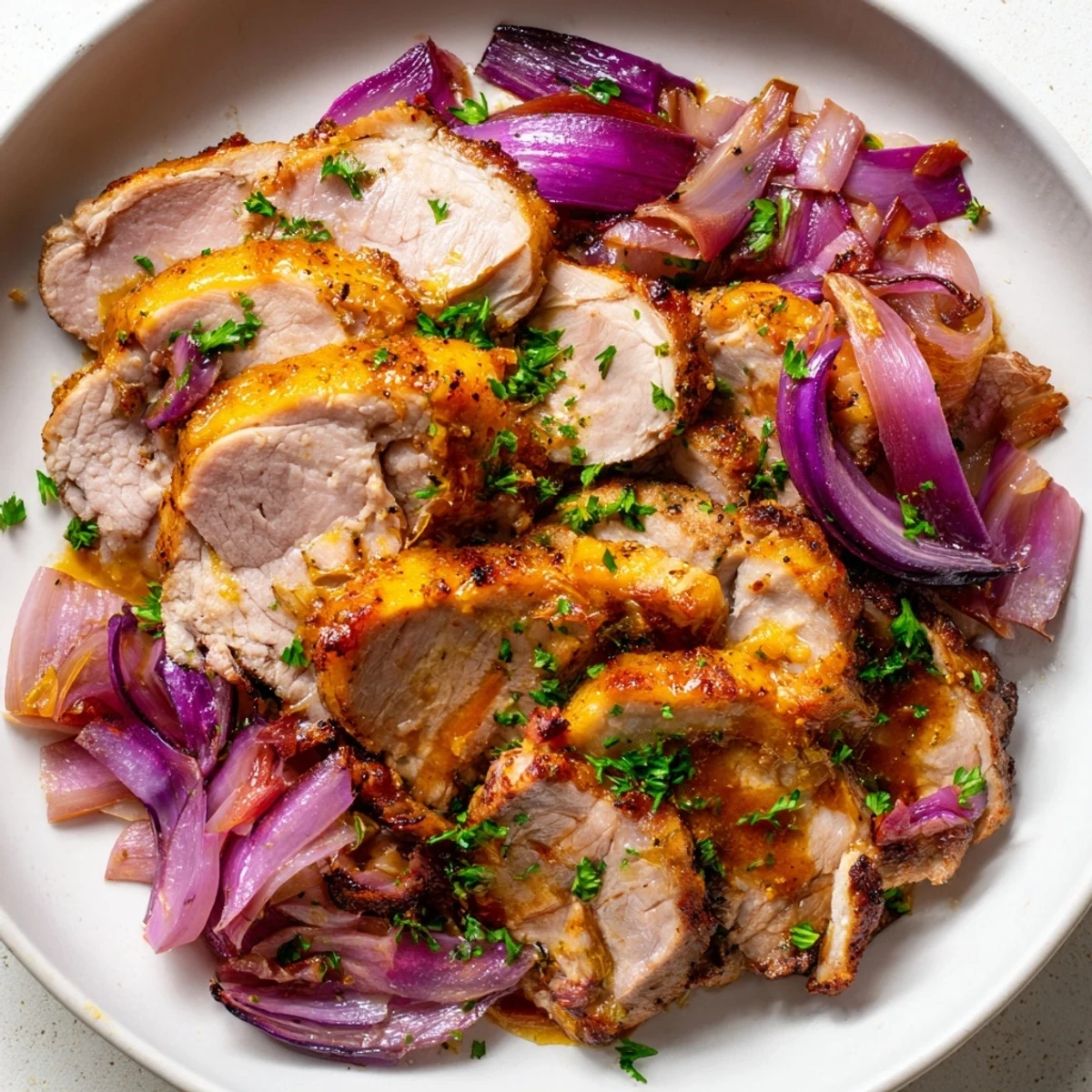 Golden-brown, succulent pork slices with roasted rhubarb and red onion wedges from the Pork and Aromatic Rhubarb Traybake.