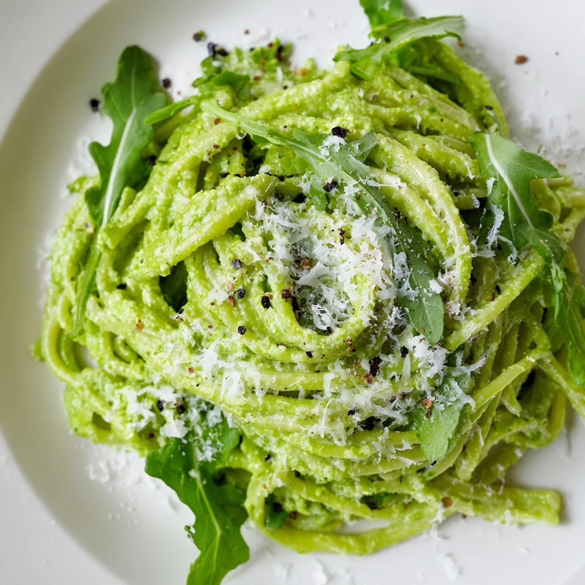 Creamy arugula pesto coats every strand of linguine in this vibrant, nut-free pasta dish, perfect for a quick weeknight dinner.