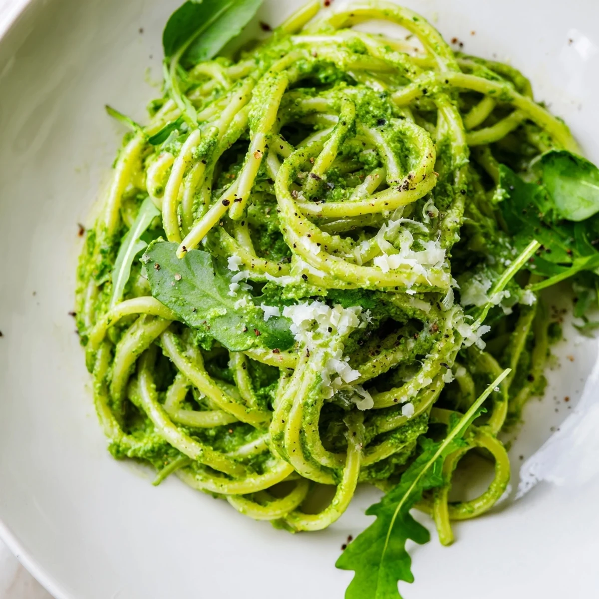 Serve this Italian-inspired linguine with arugula pesto garnished with extra greens and grated Parmesan for a satisfying vegetarian meal.
