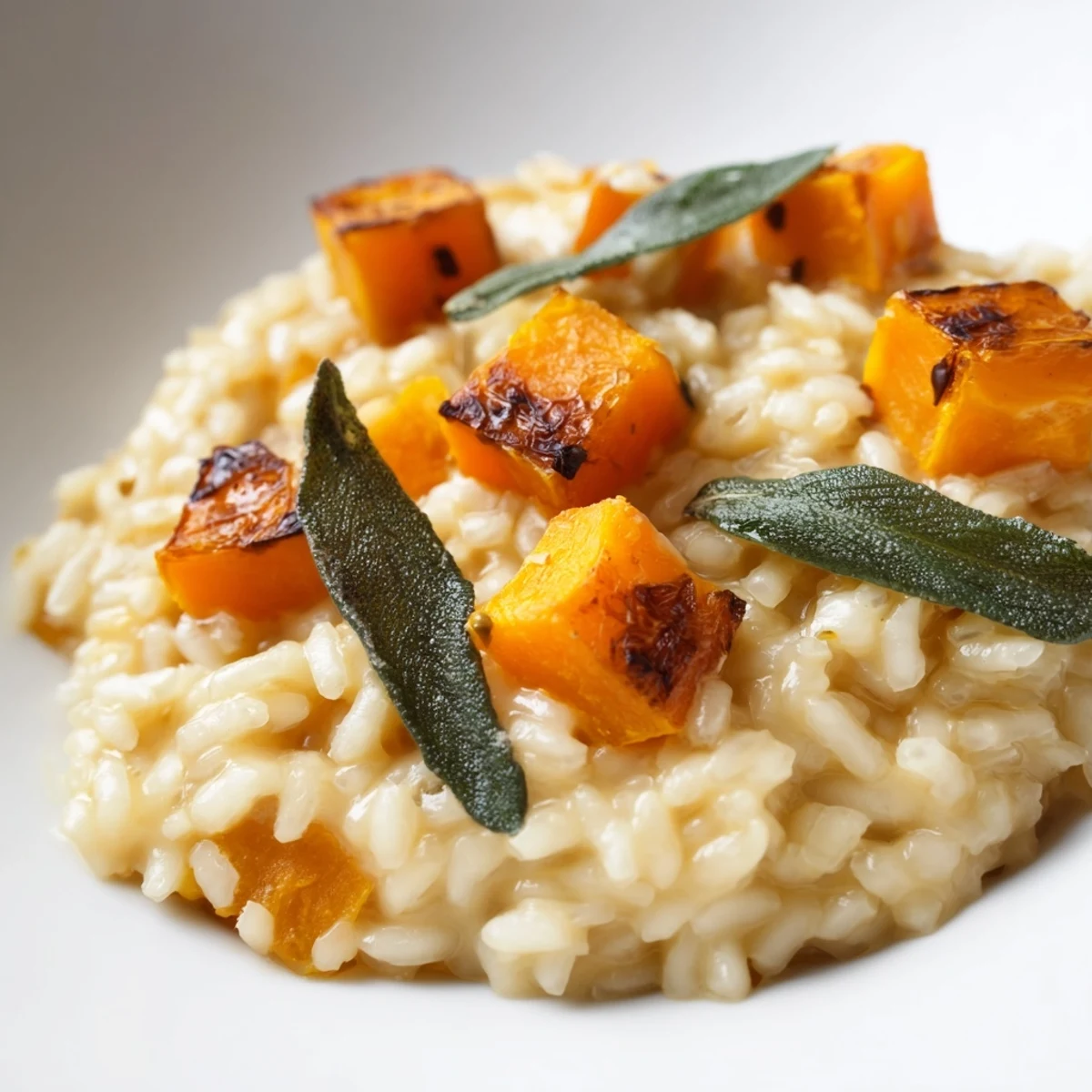 Creamy Vegan Pumpkin Risotto topped with crispy sage leaves, served warm in a rustic bowl.