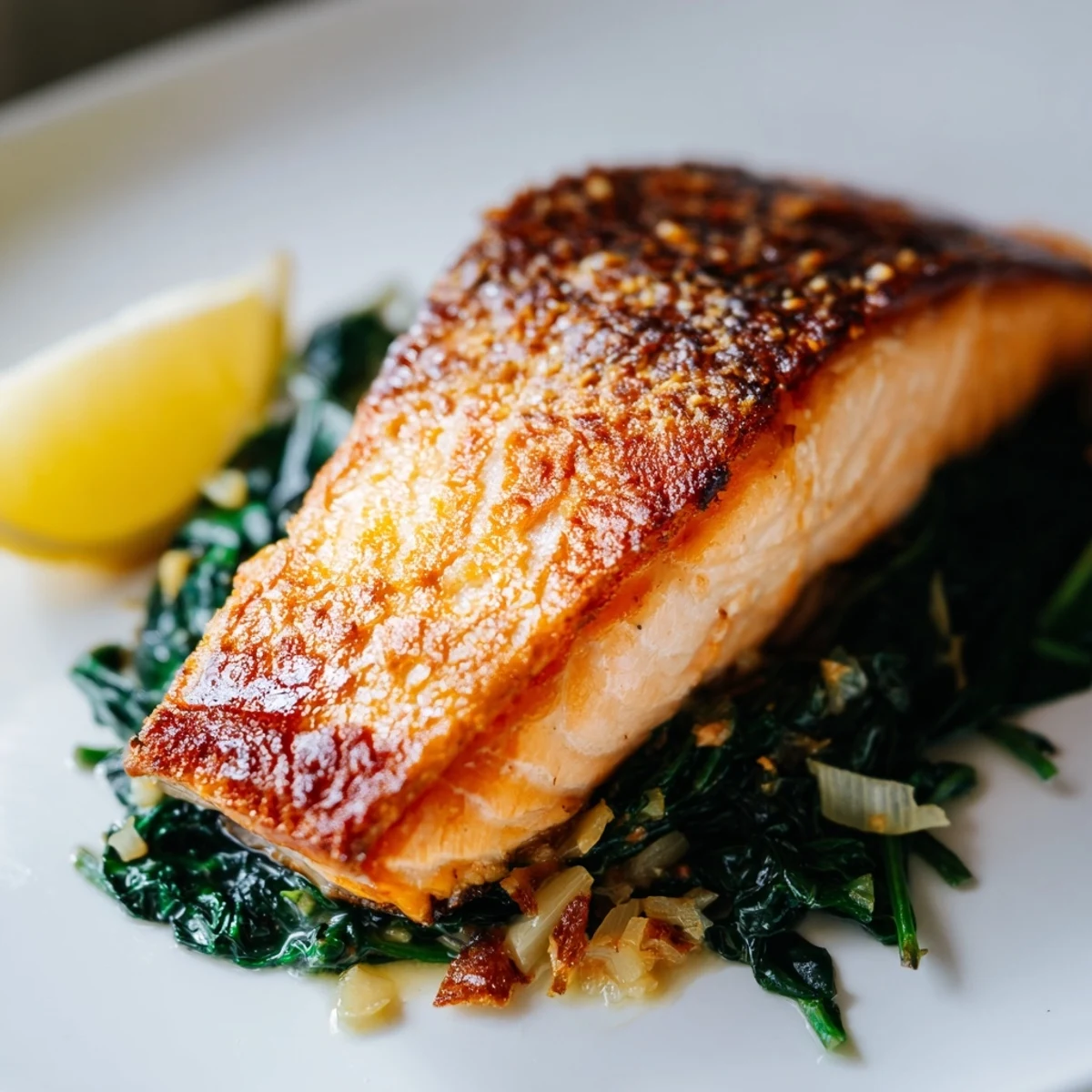 Crispy-skinned Air Fryer Salmon fillets resting over garlicky Swiss chard, served with lemon wedges.