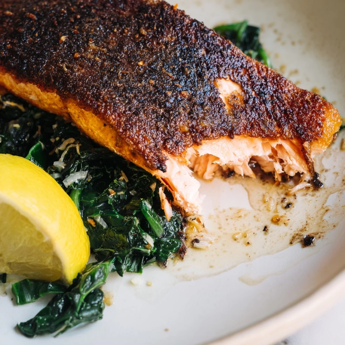 Flakey Air Fryer Salmon topped with sautéed Swiss chard and garlic, plated with fresh lemon for brightness.