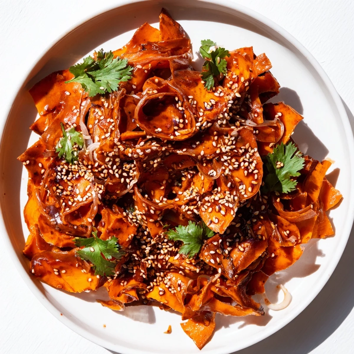 Golden-roasted swede ribbons and slippery rice noodles shine in a glossy, ruby-red gochujang dressing, garnished with fresh cilantro and toasted sesame seeds for a vibrant, spicy-sweet fusion bowl.