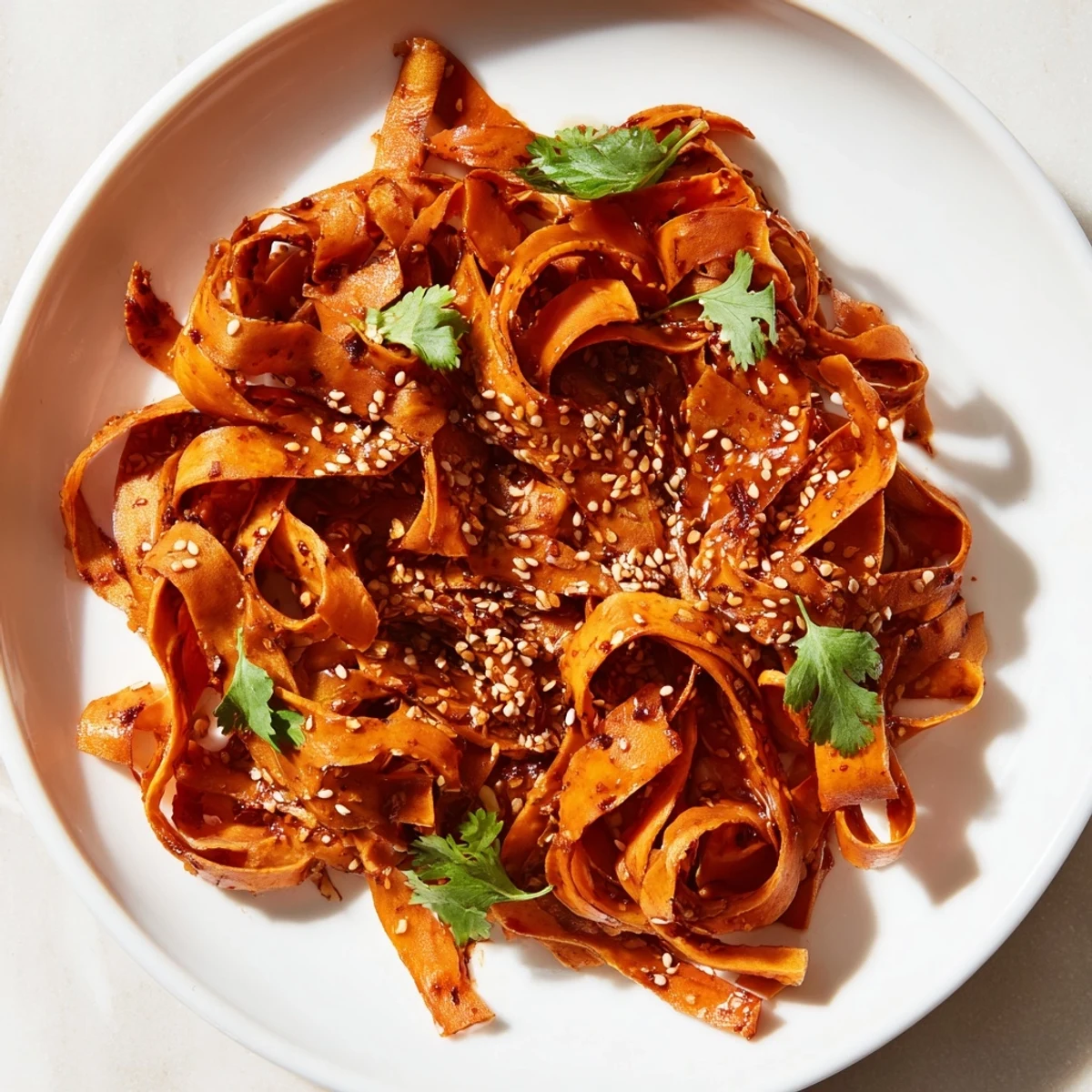 Savory Gochujang Swede Noodles served warm over rice noodles, with caramelized swede, spring onions, and sesame seeds, ideal for an easy, satisfying vegan weeknight dinner or meal prep.