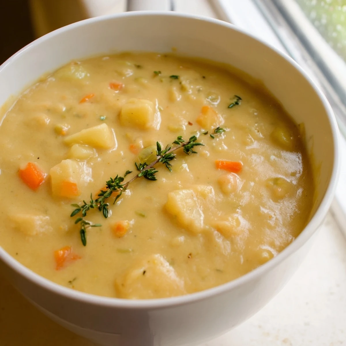 Hearty split pea soup in a ladle, highlighting its thick, velvety texture and comforting steam rising for winter warmth.
