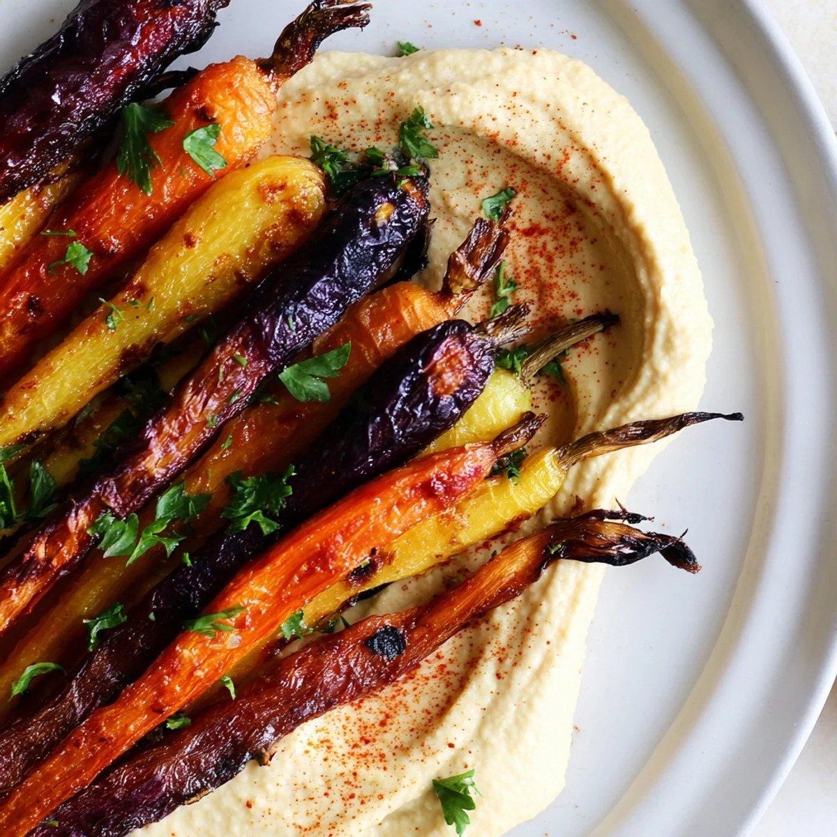 Vibrant platter of rainbow carrots and hummus for a healthy snack.