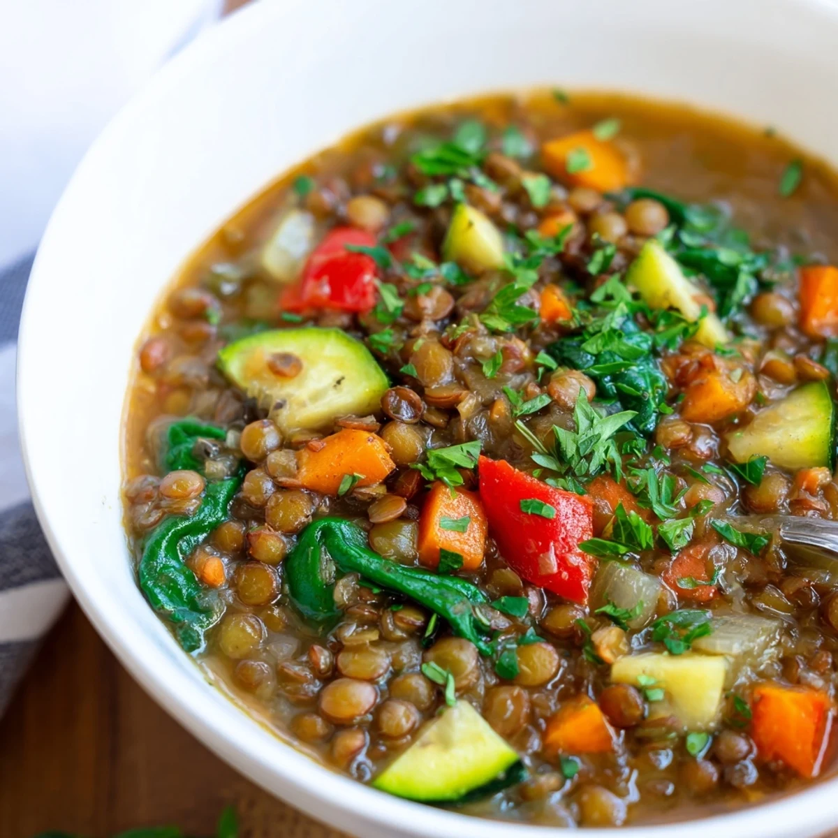 A warm bowl of Lentil and Vegetable Soup, showcasing tender lentils and colorful diced carrots, celery, and zucchini in a savory broth.