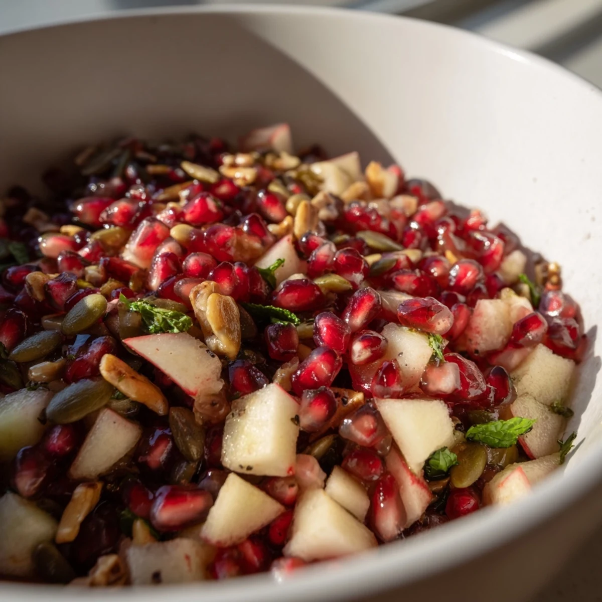 Overhead view of Pomegranate and Walnut Salad, showcasing jewel-like pomegranate seeds, crisp pear slices, and crunchy pumpkin seeds tossed with fresh mint.