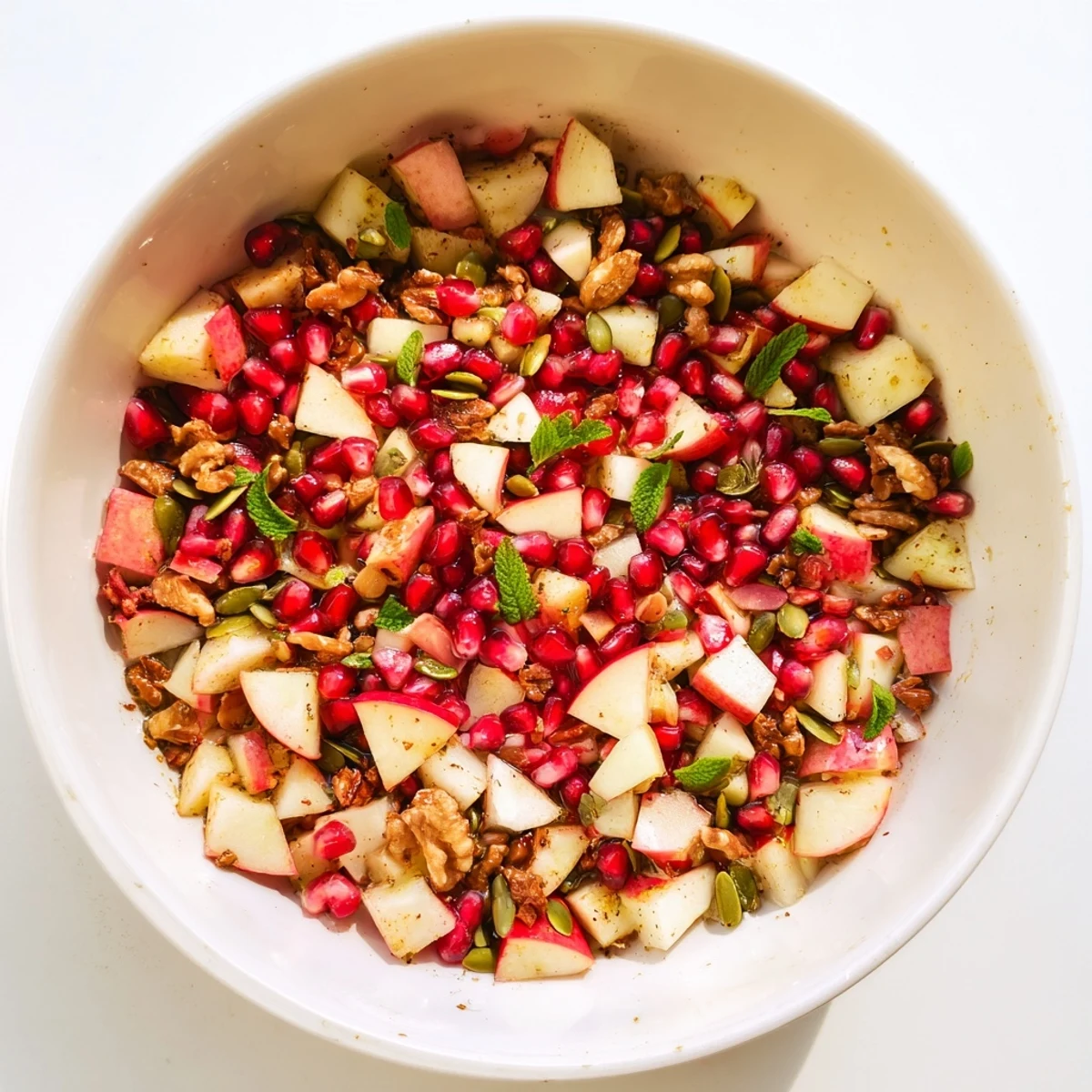 Close-up of a serving of Pomegranate and Walnut Salad, highlighting the texture of sunflower seeds and walnuts on a bed of colorful winter fruit.