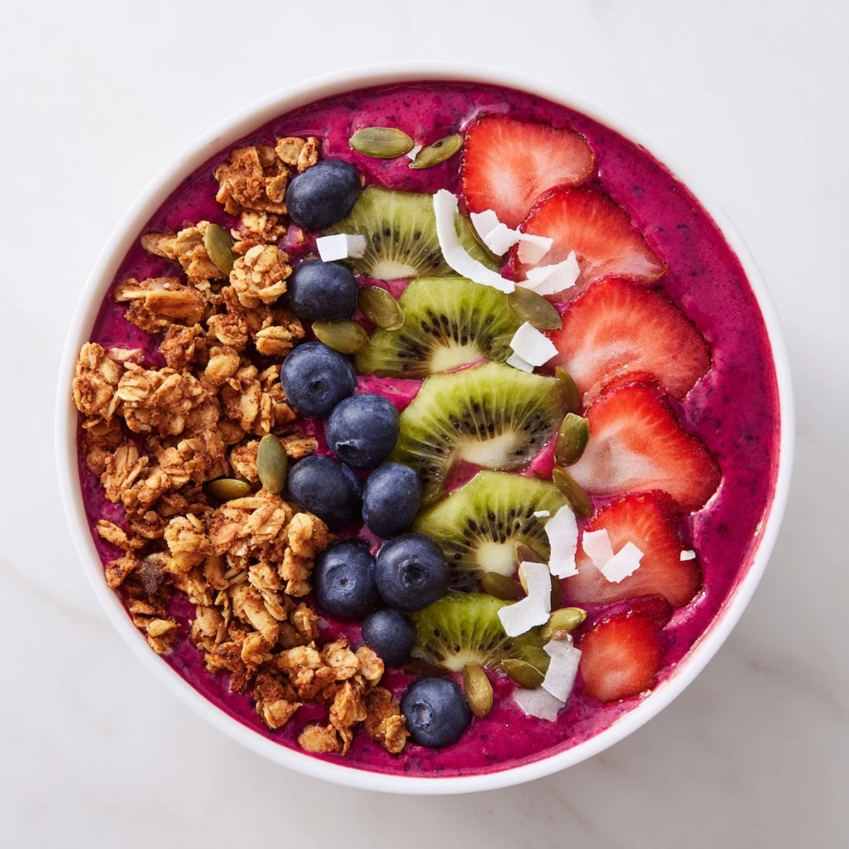 Thick and frosty Beet and Berry Smoothie Bowl layered with pumpkin seeds and fruit, perfect for an energizing morning meal.