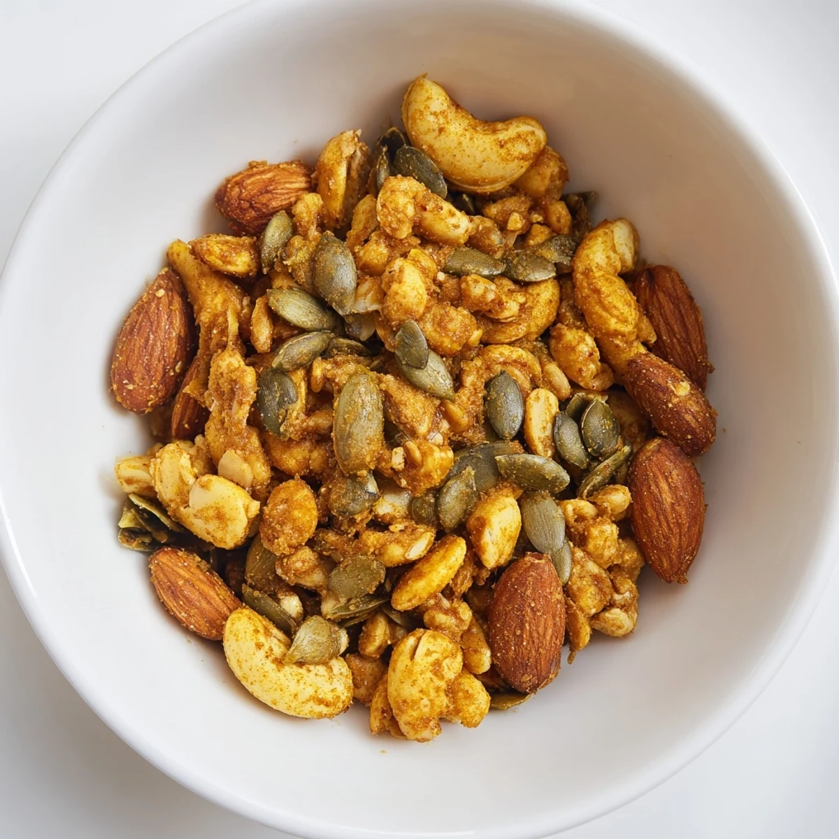 Golden toasted Spiced Nuts and Seeds Mix glistening with olive oil, cinnamon, and paprika on a baking sheet.