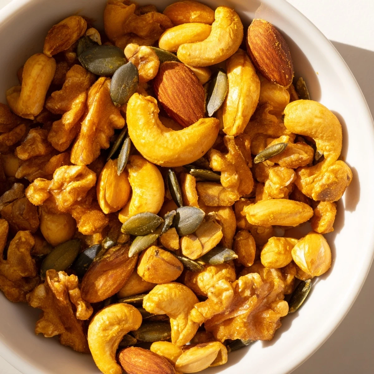 Healthy Spiced Nuts and Seeds Mix cooling on parchment, a gluten-free snack perfect for salads or yogurt bowls.