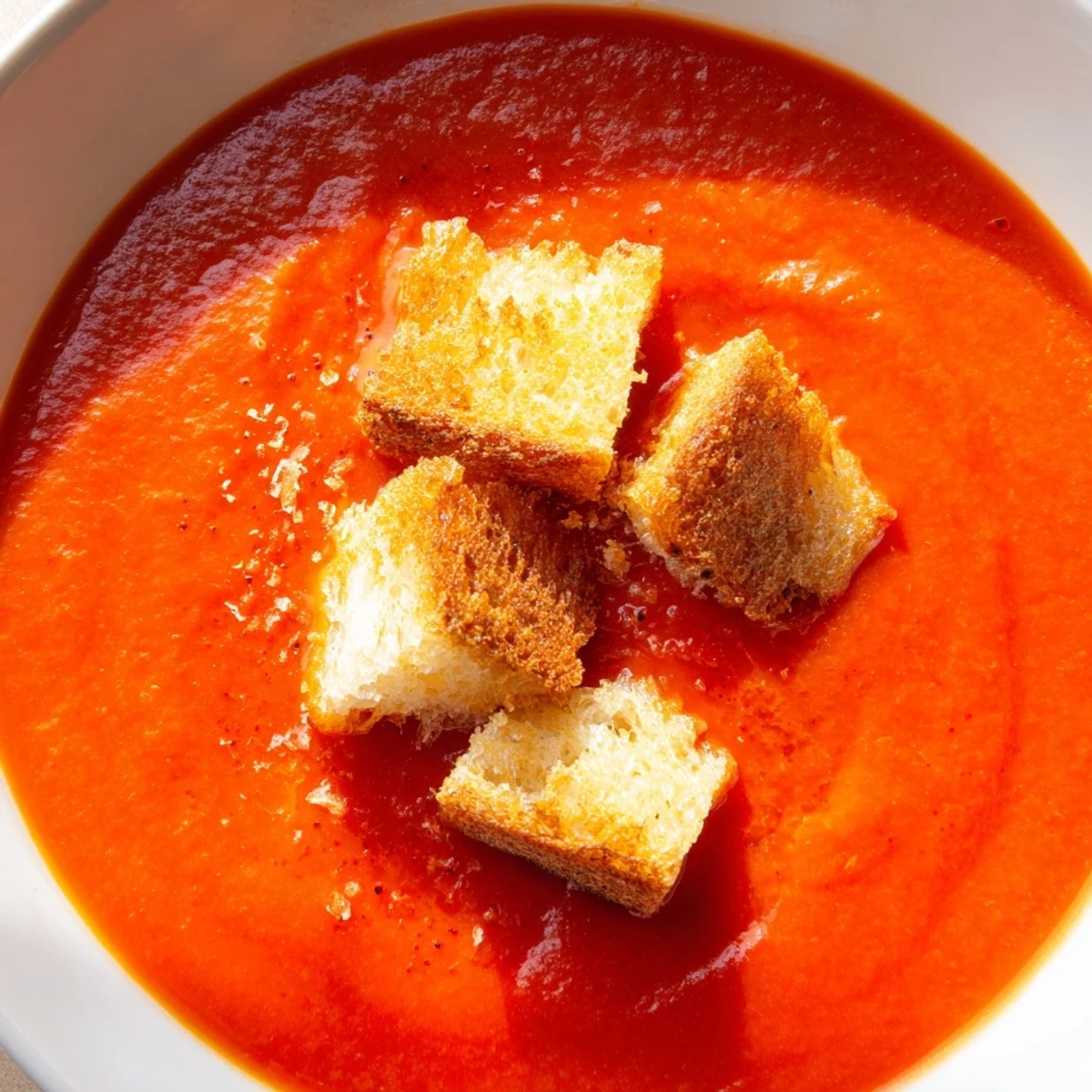 Warm roasted tomato soup with crunchy croutons, perfect for a cozy vegetarian dinner.  
