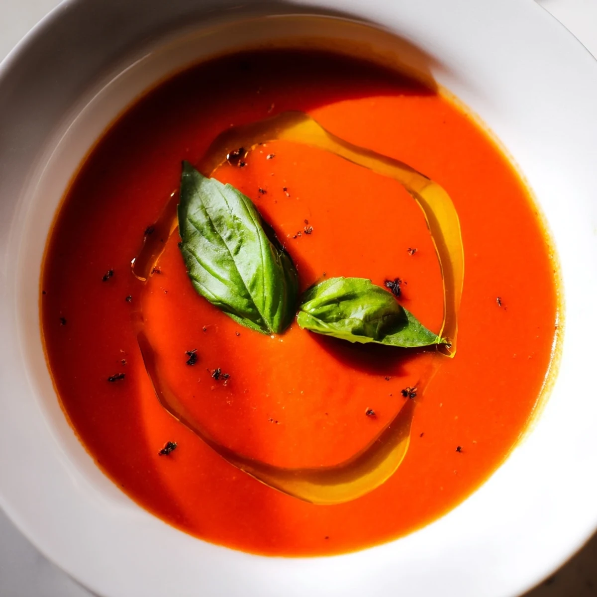 Hearty Tomato and Basil Soup ladled into a rustic bowl, garnished with fresh basil and olive oil, perfect for dipping grilled cheese sandwiches.