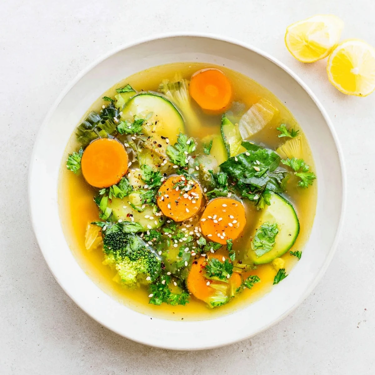 Healthy Collagen-Boosting Broth Bowl featuring slow-simmered bone broth, ginger, and crisp vegetables, served in a rustic ceramic bowl.
