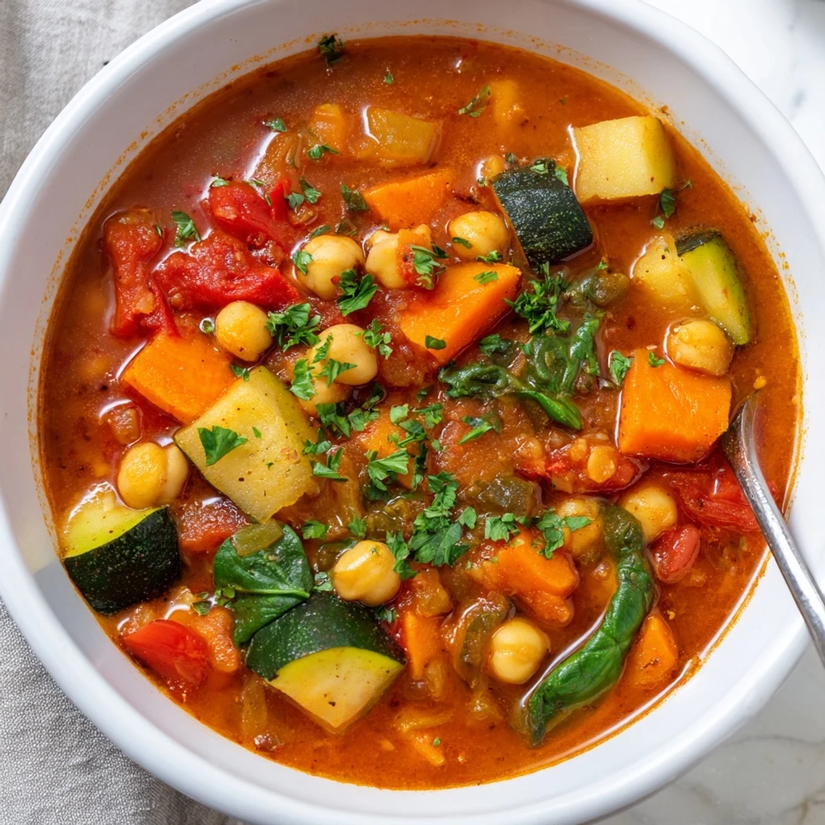 Hearty Chickpea Stew simmering in a pot, packed with carrots, tomatoes, and spinach, garnished with fresh parsley and lemon wedges.  