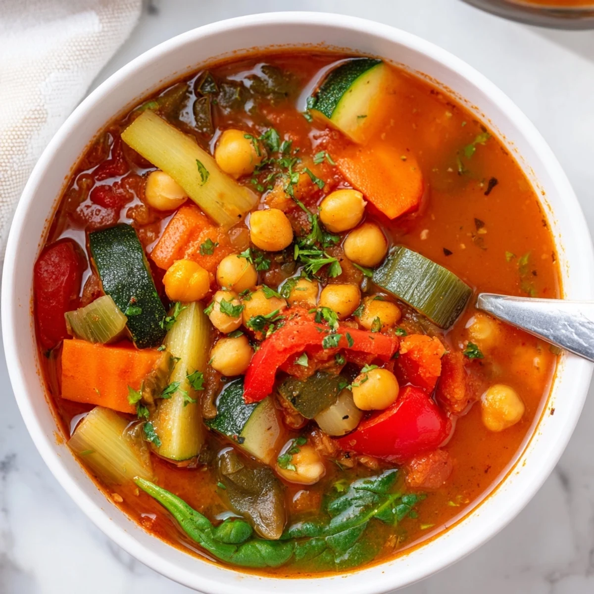 Vibrant Mediterranean Chickpea Stew in a rustic bowl, featuring chickpeas and colorful vegetables, ready to serve with crusty bread.  