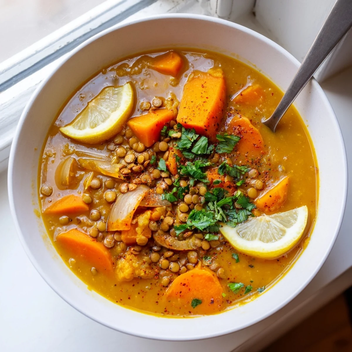 A warm bowl of Butternut Squash and Lentil Soup garnished with fresh cilantro, showing a thick, creamy texture.