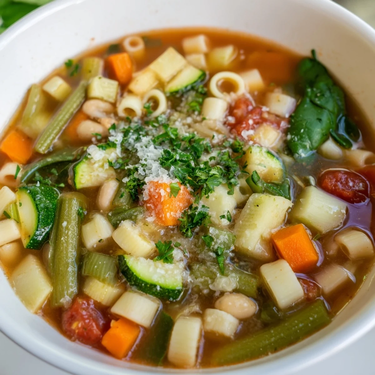 Steaming bowl of vegetarian Minestrone Vegetable Soup served with crusty artisan bread for dipping.