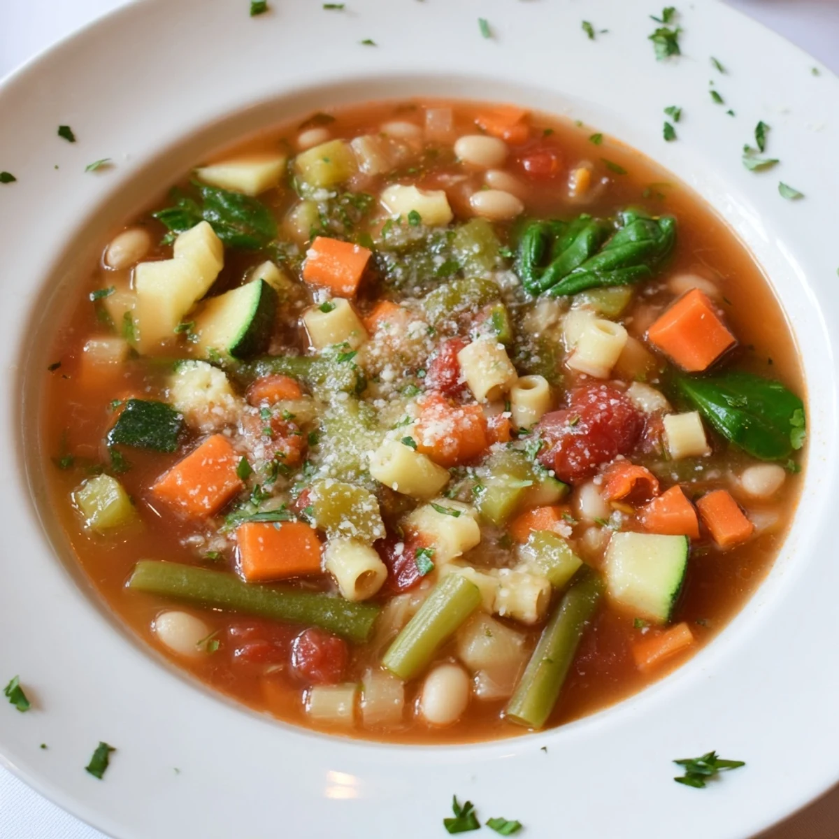 Close-up view of Minestrone Vegetable Soup featuring tender vegetables, beans, and pasta swimming in rich tomato broth.