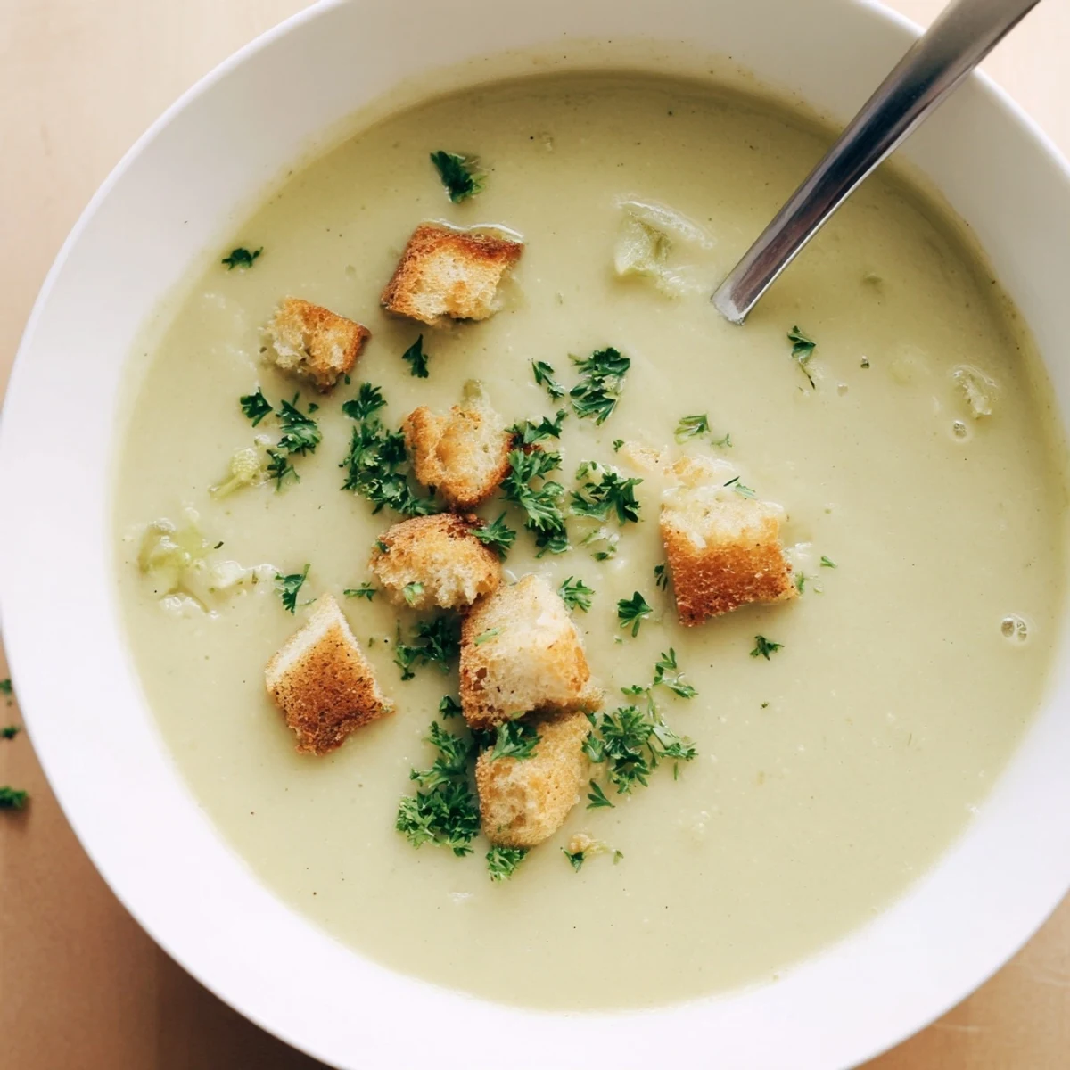 Steaming creamy Cauliflower and Broccoli Soup in a rustic bowl, topped with golden croutons and fresh parsley for a cozy, comforting meal.