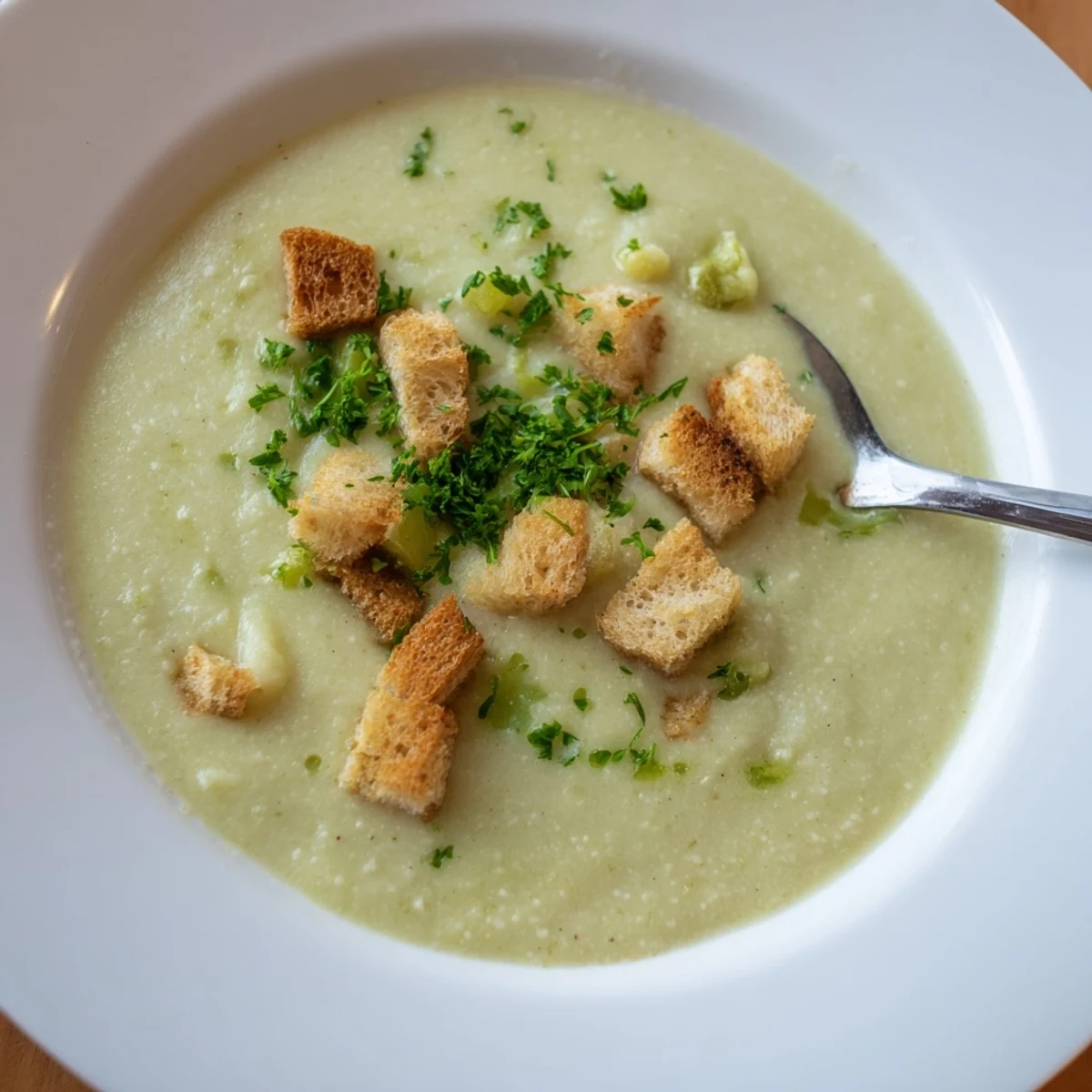 Vibrant green and white Cauliflower and Broccoli Soup garnished with Parmesan and croutons, served hot alongside crusty bread for dipping.