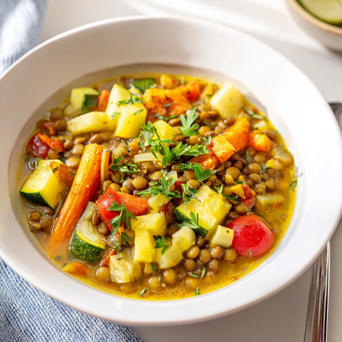 Close-up of Lentil and Vegetable Soup simmering in a pot, revealing tender lentils, diced carrots, celery, and vibrant bell peppers.