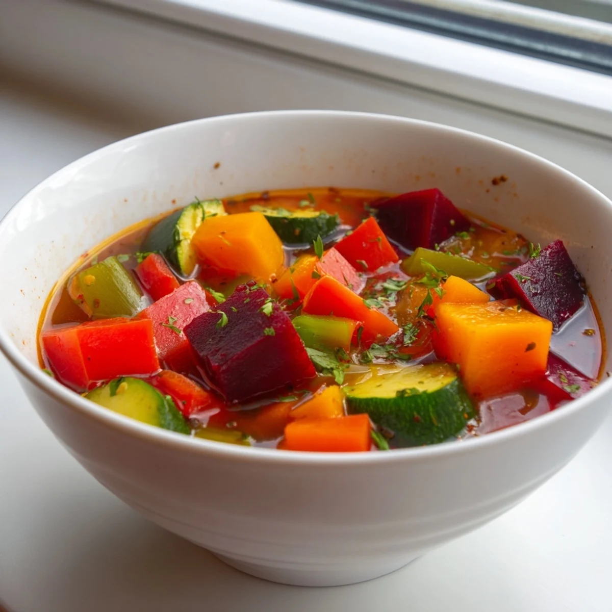 A comforting bowl of Rainbow Vegetable Detox Soup features tender vegetables and a splash of lemon juice.