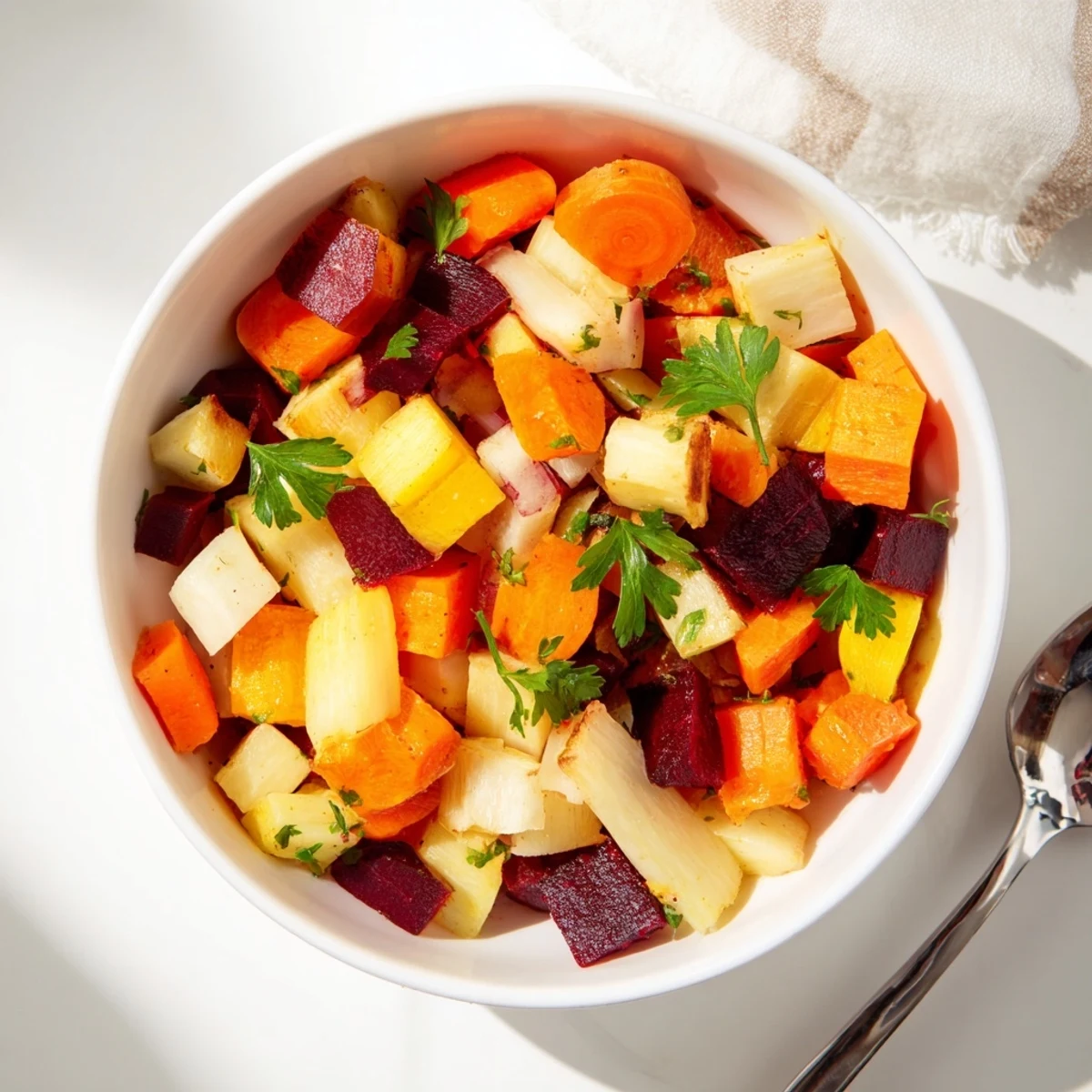 A close-up of the Roasted Root Vegetable Medley, featuring caramelized sweet potato and beet chunks glistening with olive oil and rosemary.
