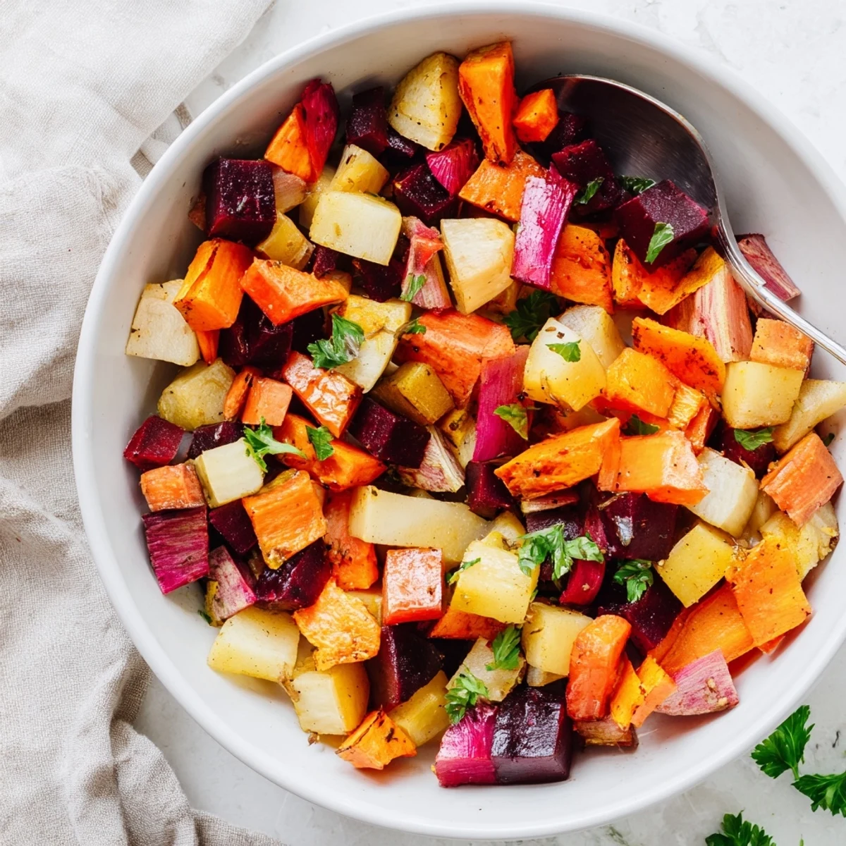Golden, caramelized cubes of rutabaga and sweet potato in the Roasted Root Vegetable Medley, garnished with fresh parsley.