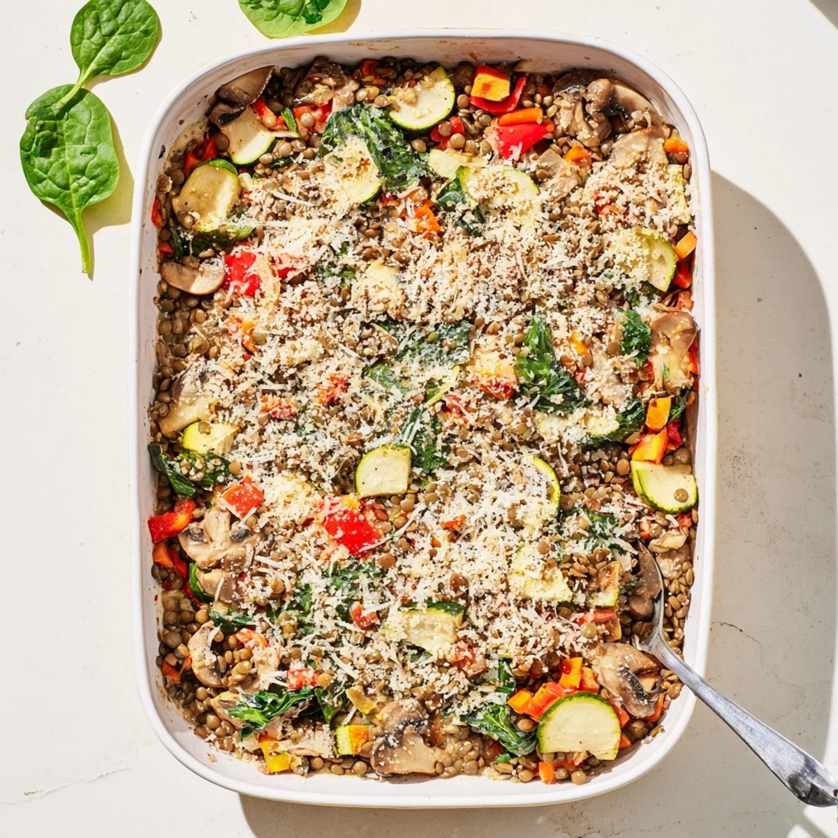 Golden-brown Green Lentil and Vegetable Casserole fresh from the oven, bubbling with carrots, zucchini, and spinach in a savory herb-infused sauce.