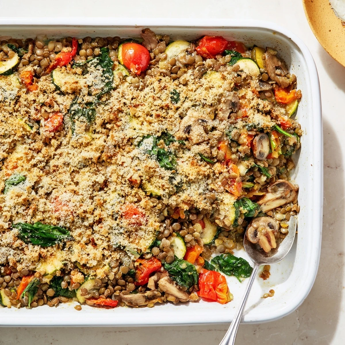 A slice of Green Lentil and Vegetable Casserole on a white plate, revealing layers of tender lentils and colorful vegetables, paired with a crisp side salad.