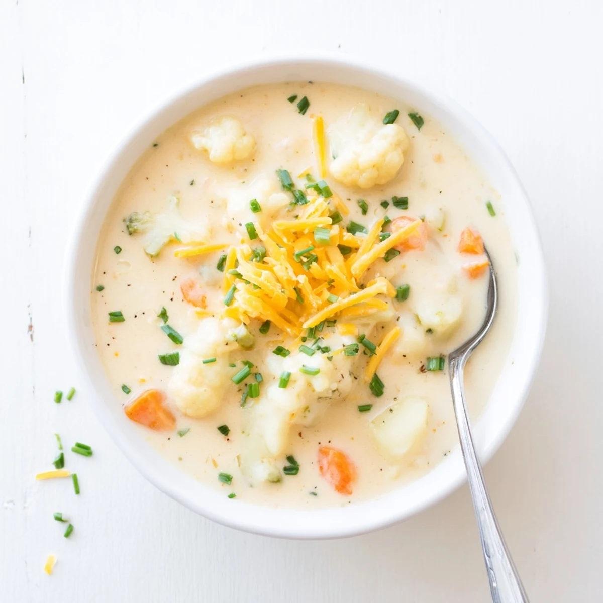 Creamy Vegetarian Cauliflower Chowder in a rustic bowl, topped with fresh chives and shredded cheese. A steaming, cozy soup with visible chunks of tender cauliflower and potatoes.