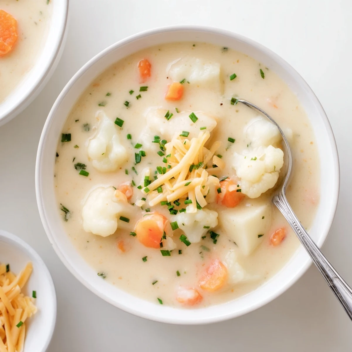 Spoon dipping into a pot of hearty Vegetarian Cauliflower Chowder, revealing a creamy broth with diced carrots and celery. Served warm with crusty bread on the side.