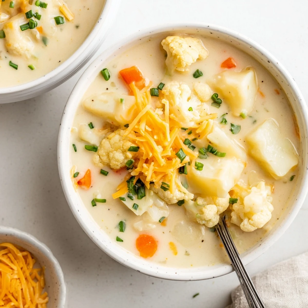 Vegetarian Cauliflower Chowder simmering in a pot, garnished with parsley and a dash of paprika. A comforting, warm meal perfect for a cold evening.