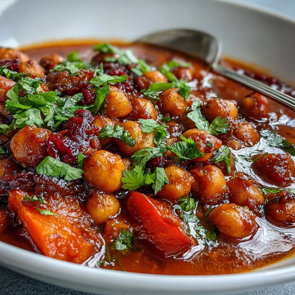 Hearty spicy chickpea stew steaming in a comforting bowl with fresh cilantro garnish.