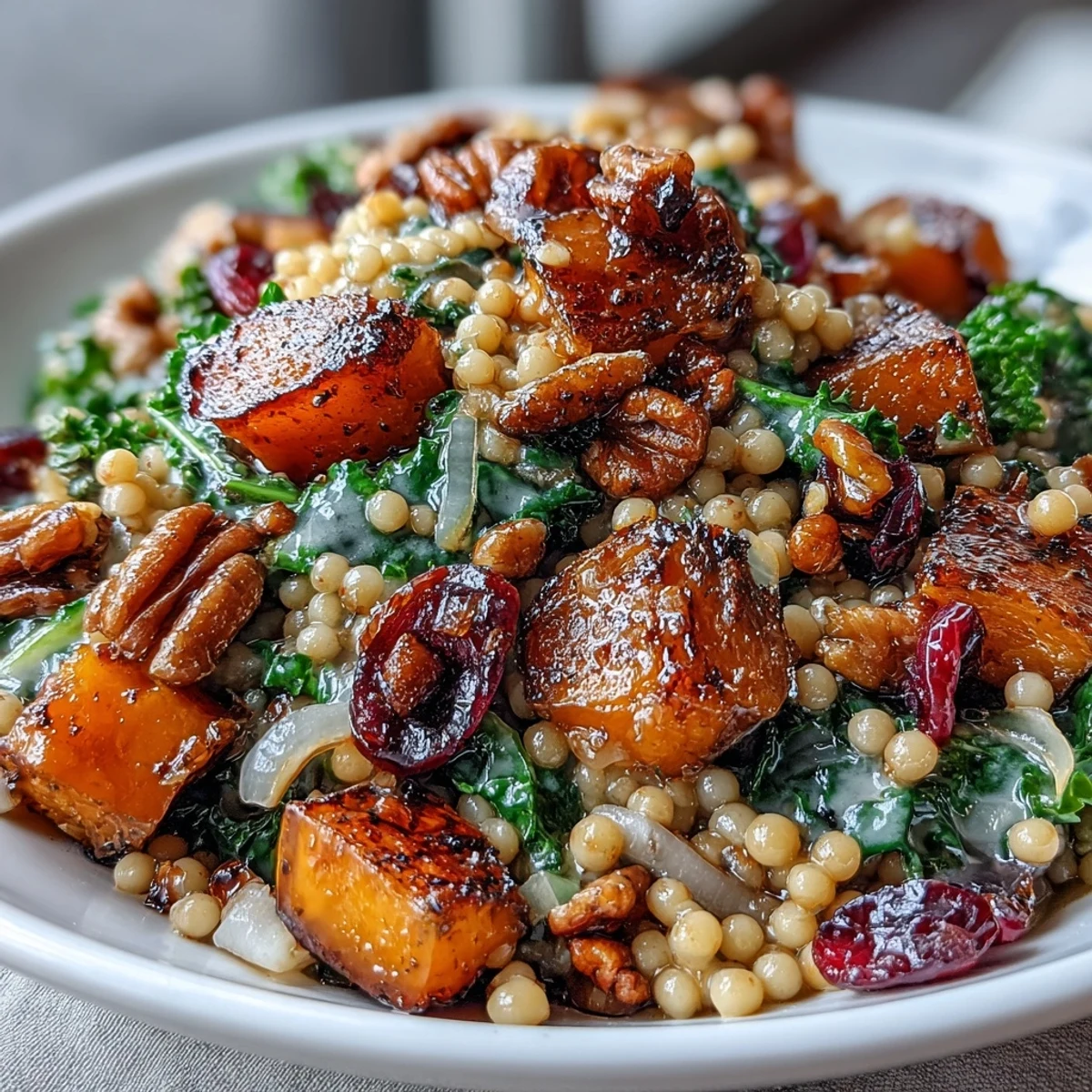 Autumn pearl couscous salad with crunchy pecans and bright cranberries, served fresh as a festive side.