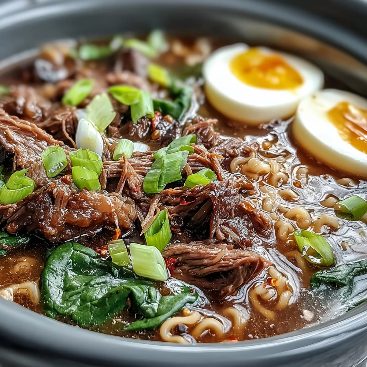 Slow cooker beef ramen noodles with tender shredded beef, soft-boiled egg, and vibrant green onions in savory broth.