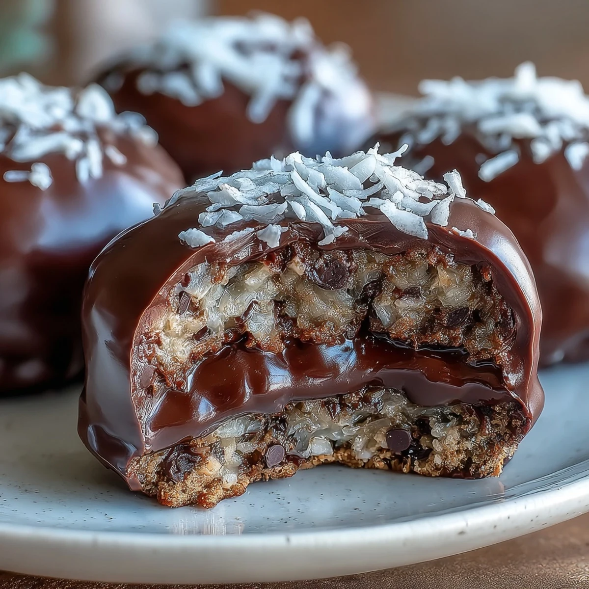 Rolled graham cracker crumbs coat these chilled Moose Bites treats, made with chocolate chips and coconut.  