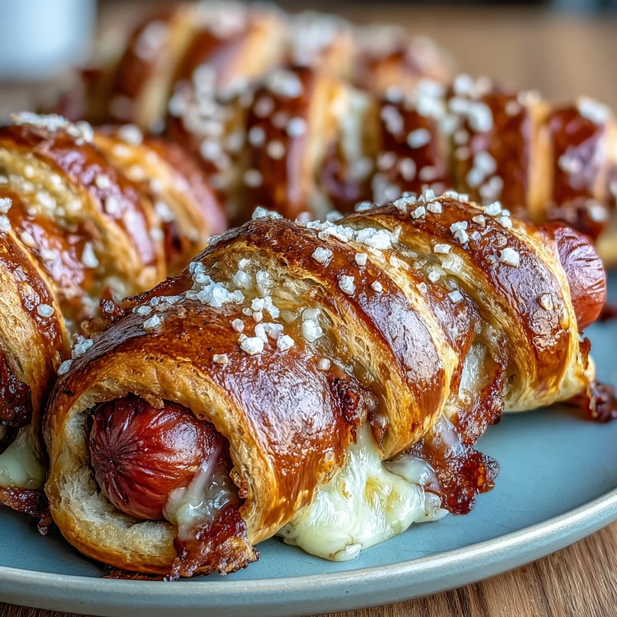 Golden-brown Soft Baked Cheesy Pretzel Dogs fresh from the oven, showcasing the salty pretzel crust and melty cheddar filling.