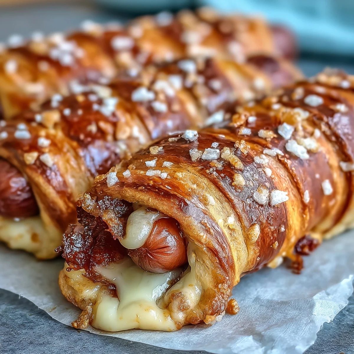 A close-up of a Soft Baked Cheesy Pretzel Dog sliced to reveal the savory hot dog and gooey cheese inside.