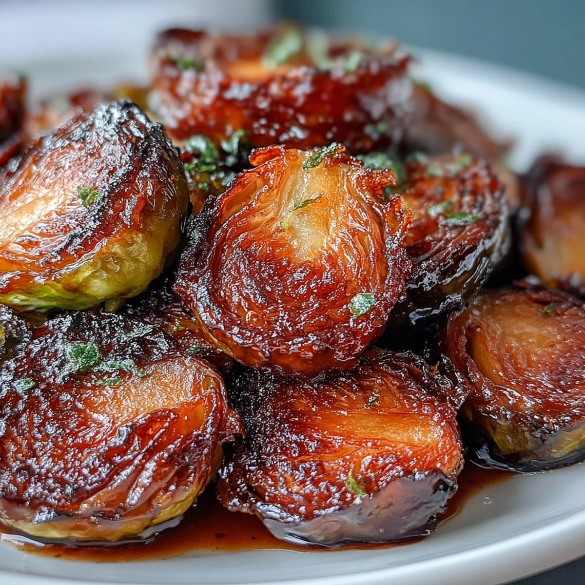 Freshly baked Irresistible Orange Maple Glazed Brussels Sprouts in a ceramic bowl with a spoon, ready to be served.