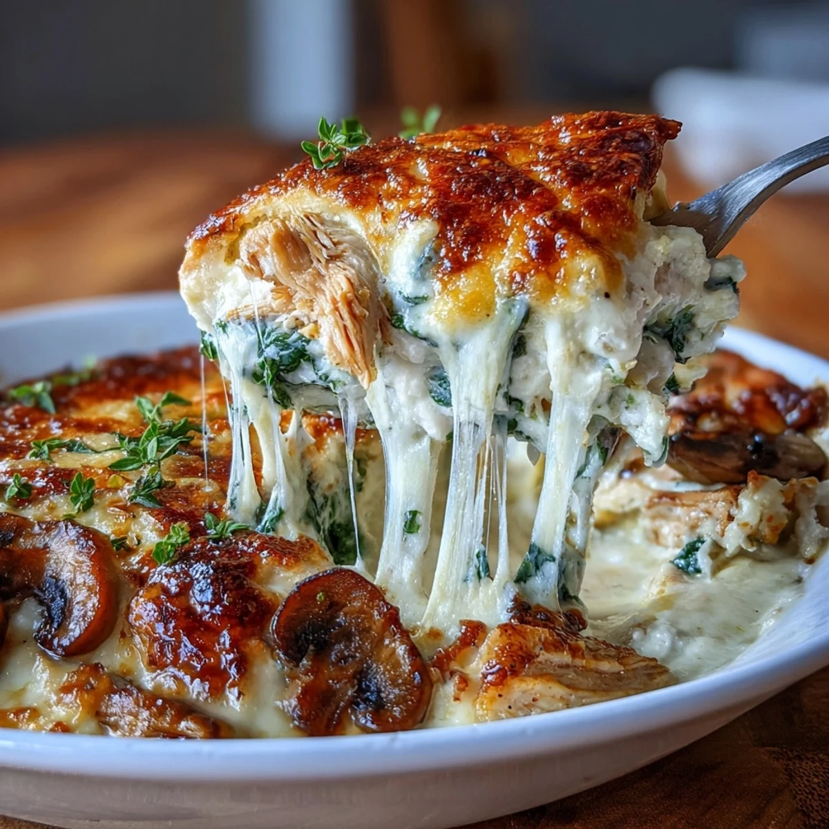 Golden, bubbly cheese tops the Chicken Spinach & Mushroom Low Carb Oven Dish, revealing creamy layers of tender chicken, wilted spinach, and savory mushrooms.