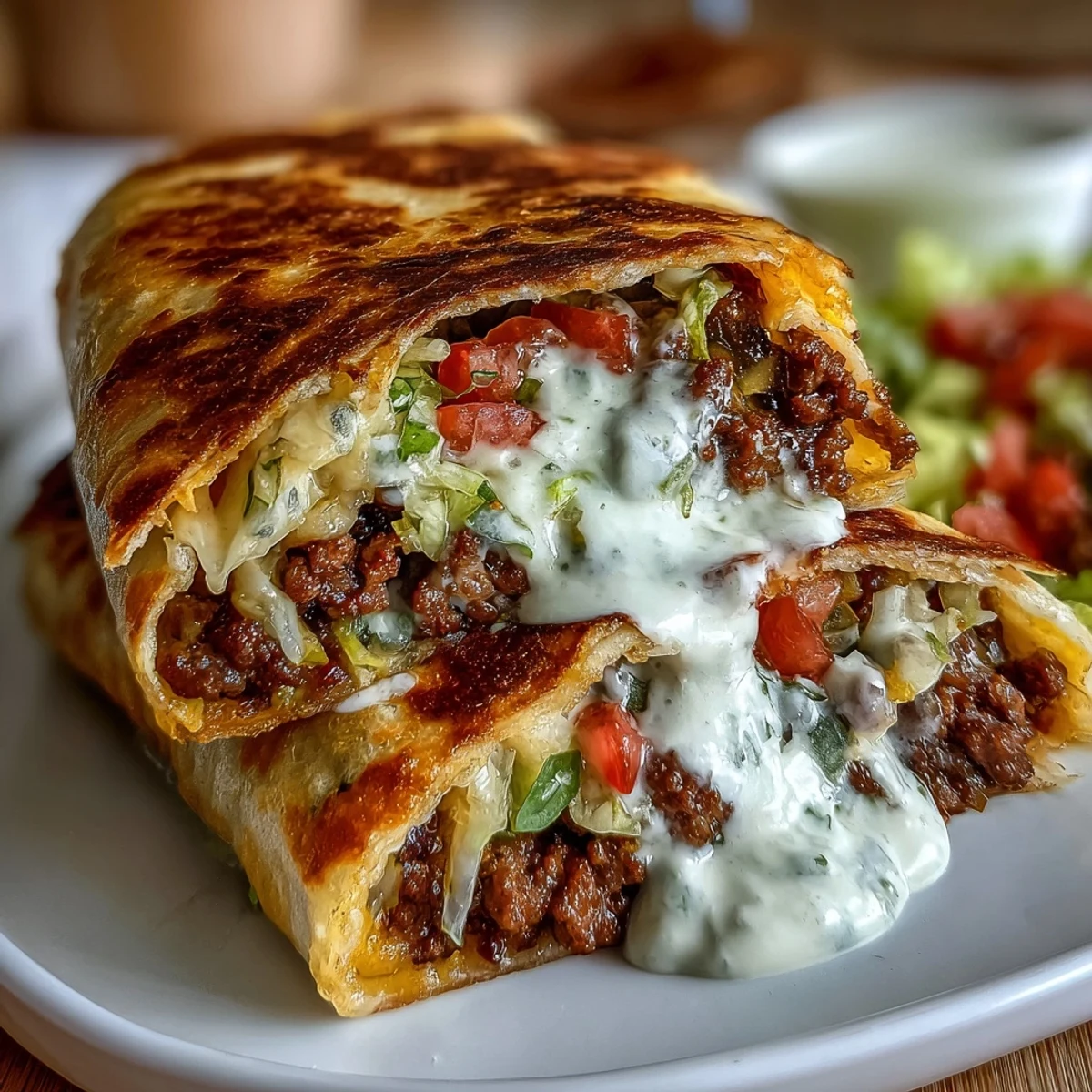 Golden, crispy low-carb tortilla stuffed with seasoned beef, melted cheddar cheese sauce, and fresh lettuce, tomato, and sour cream.