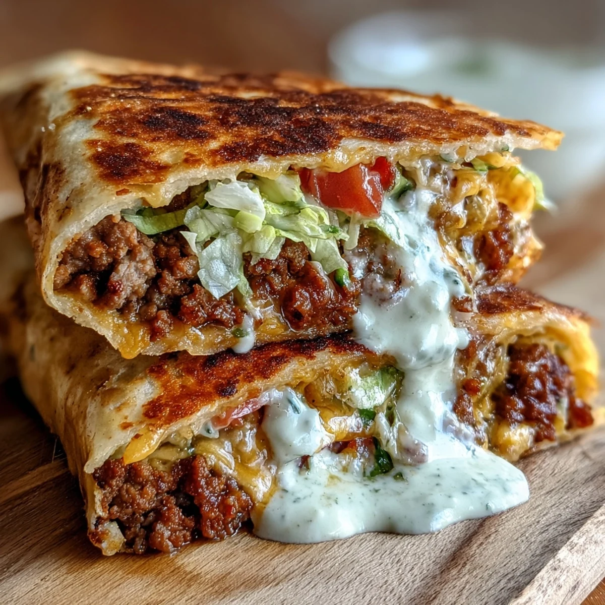 Close-up of a sliced Keto Crunchwrap revealing the savory seasoned beef, creamy cheese sauce, and crisp fresh toppings inside.