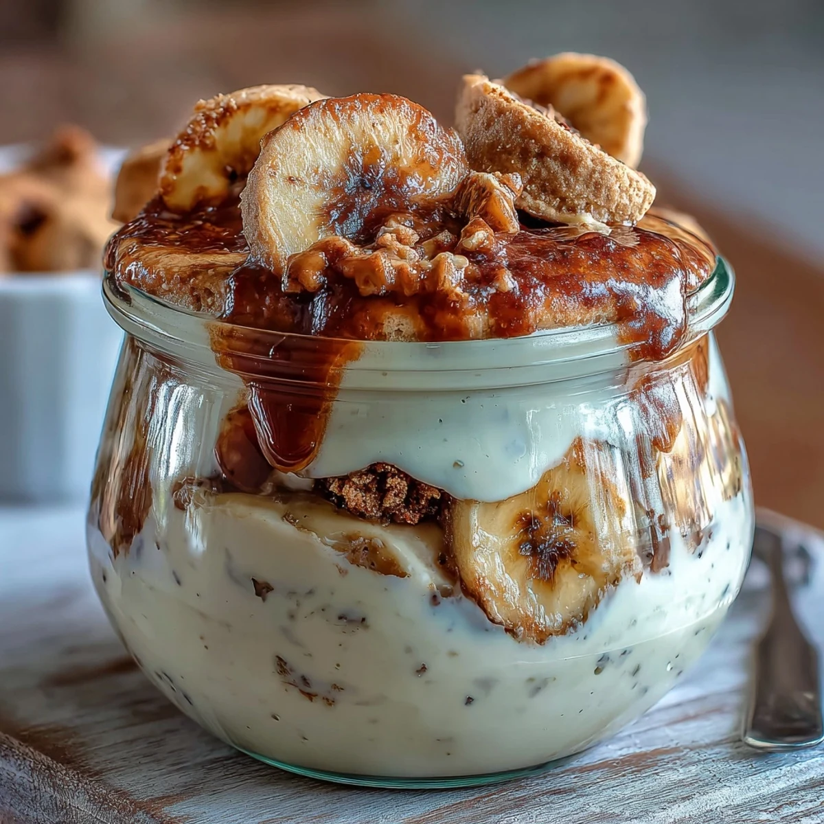 Protein Banana Pudding in a glass jar, featuring layers of sugar-free wafers, banana slices, and smooth vanilla custard.