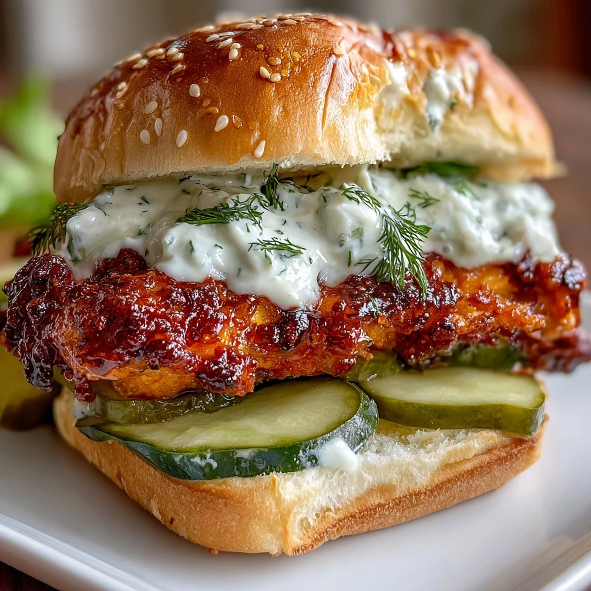 Golden-brown Nashville Hot Chicken Sliders with Dill Pickle Aioli, nestled in soft buns with crunchy pickles.