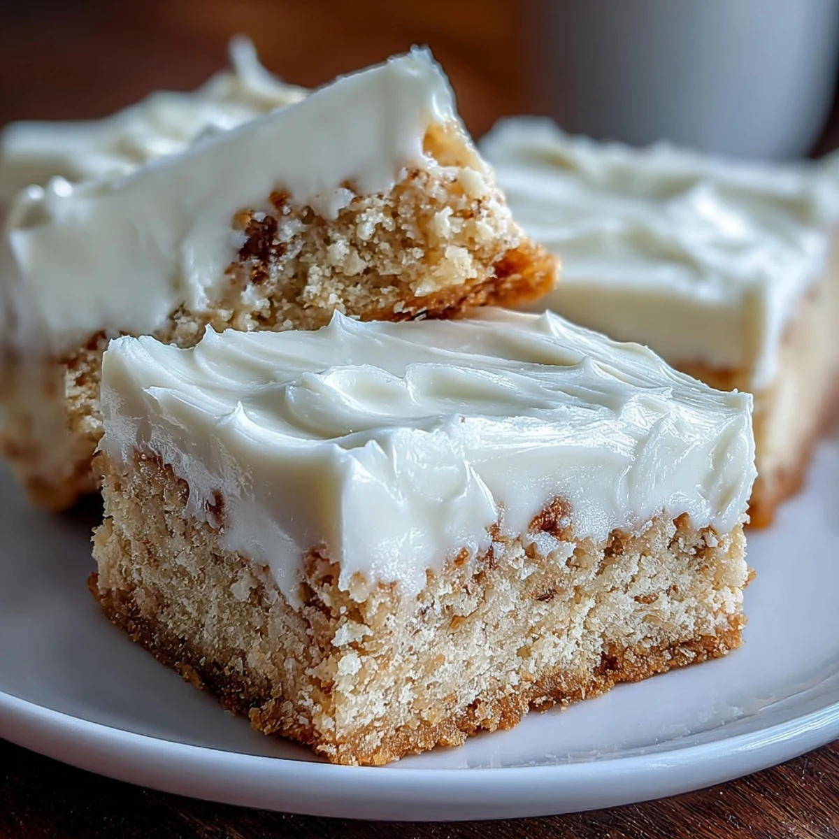 Golden-brown Almond Flour Sugar Cookie Bars with creamy frosting cut into neat squares, stacked on a white ceramic plate.  