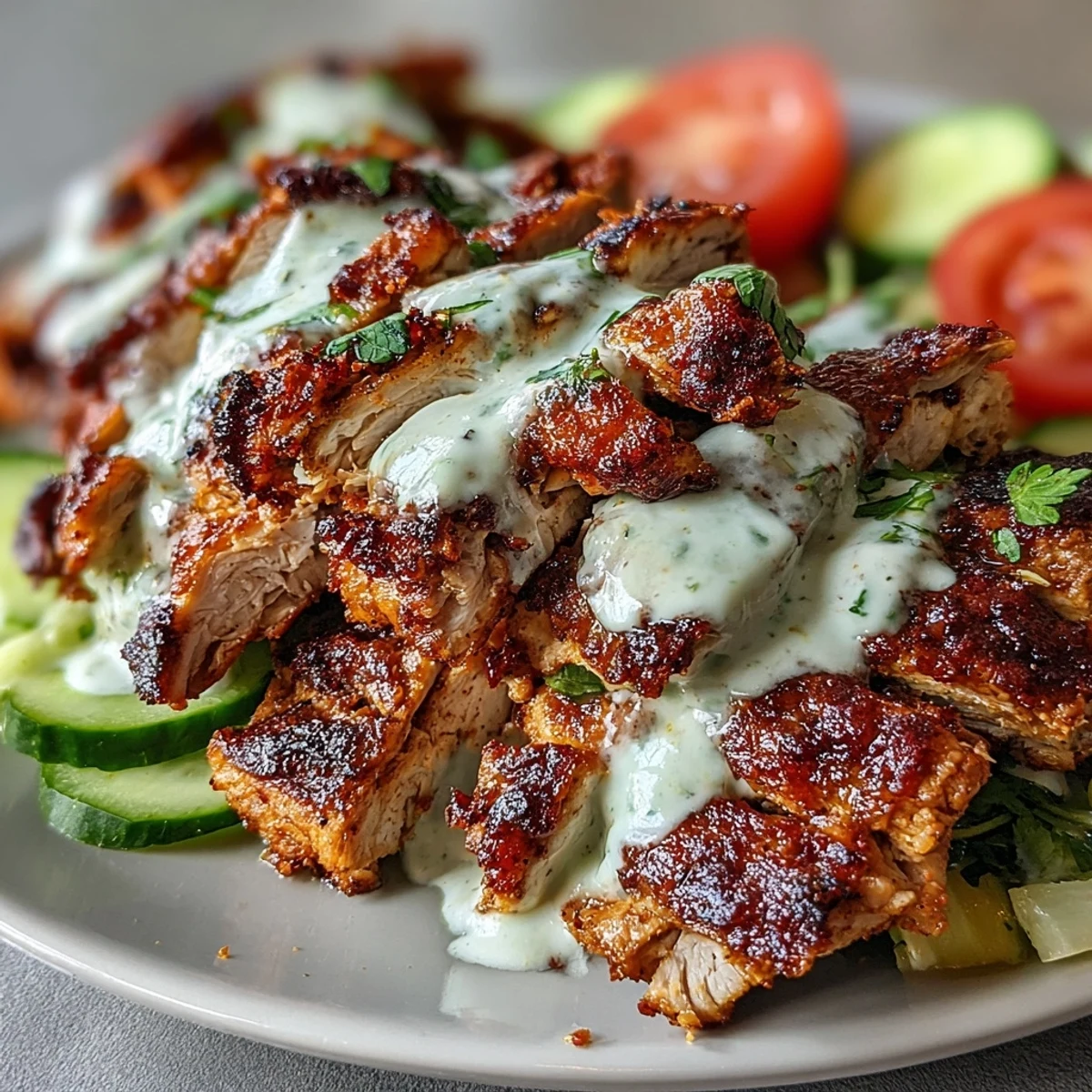 Golden, char-grilled chicken shawarma wrapped in soft pita, drizzled with creamy garlic sauce and topped with fresh veggies.