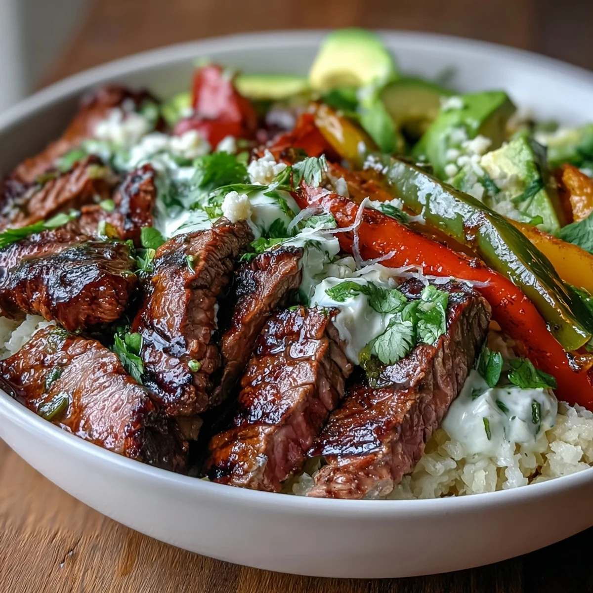Freshly seared steak strips sizzling next to colorful sautéed peppers and onions over cauliflower rice in a bowl.